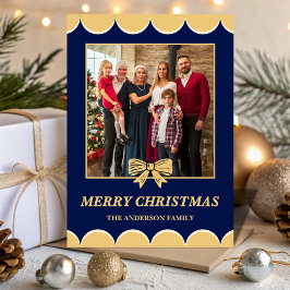 Navy & Gold Bow Scalloped Family Christmas Photo Feiertagskarte