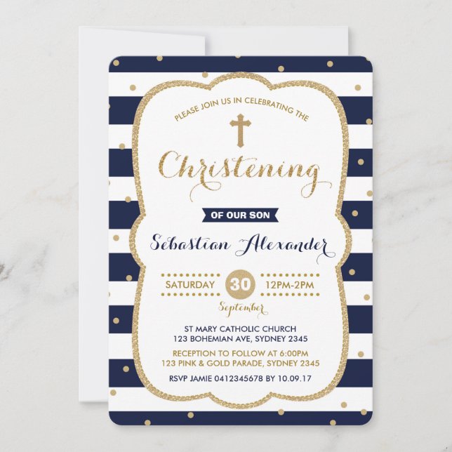 Navy & Gold Boy Christening Einladung Confetti (Vorderseite)