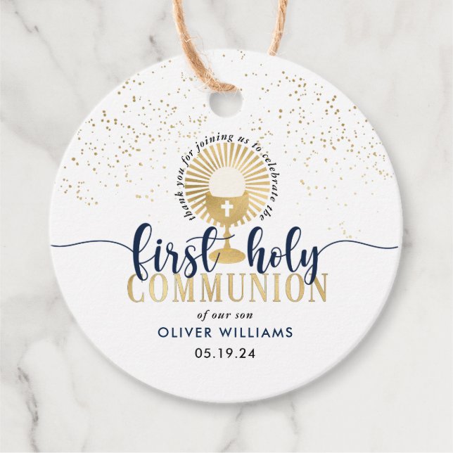 Navy & Gold Boy Erste heilige Kommune Vielen Dank Geschenkanhänger (Vorderseite)