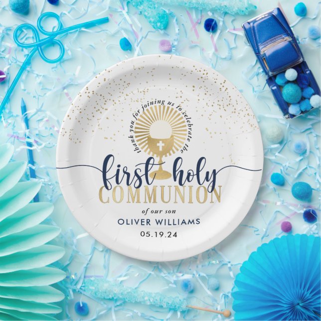 Navy & Gold Boy Erste heilige Kommune Vielen Dank  Pappteller (Party)