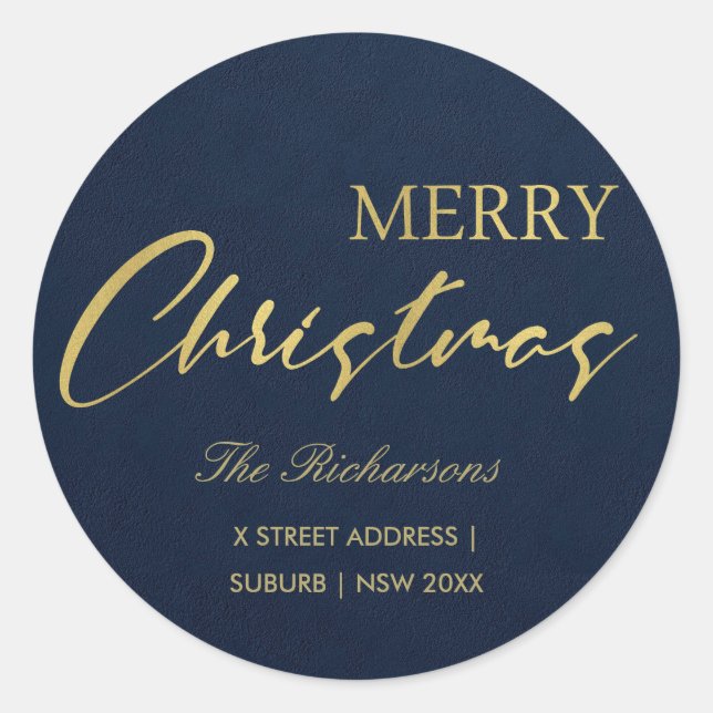 NAVY GOLD CALLIGRAPHY MERRY CHRISTMAS ADRESSE RUNDER AUFKLEBER (Vorderseite)