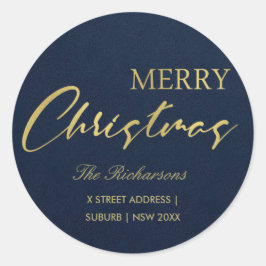 NAVY GOLD CALLIGRAPHY MERRY CHRISTMAS ADRESSE RUNDER AUFKLEBER