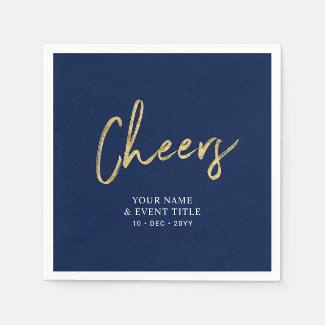 Navy & Gold Cheers Brush Script Party Feiern Serviette (Vorderseite)