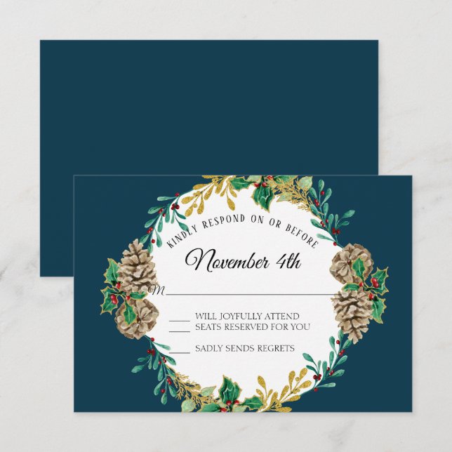 Navy Gold Christmas UAWG Red Holly Leaf Wreath Einladung (Vorne/Hinten)