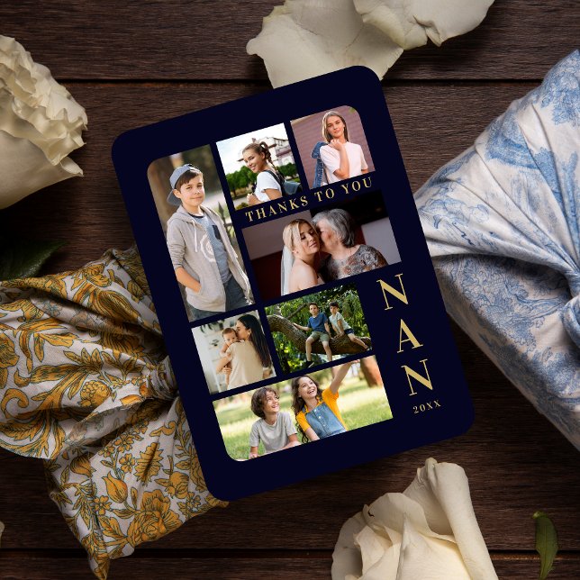 Navy & Gold Classic 7 Multi Photos Collage Family Magnet (Navy Blue & Fake Gold Classic 7 Multi Photos Collage Family Magnet.)