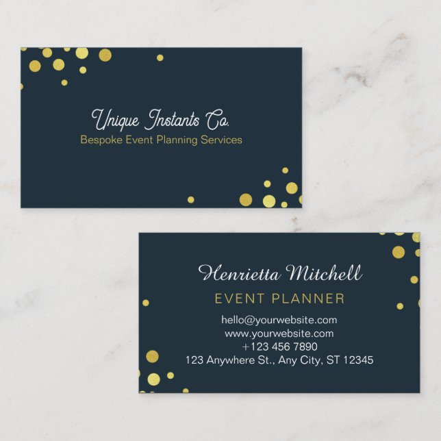Navy Gold Classic Confetti Event Planner Visitenkarte (Vorne/Hinten)