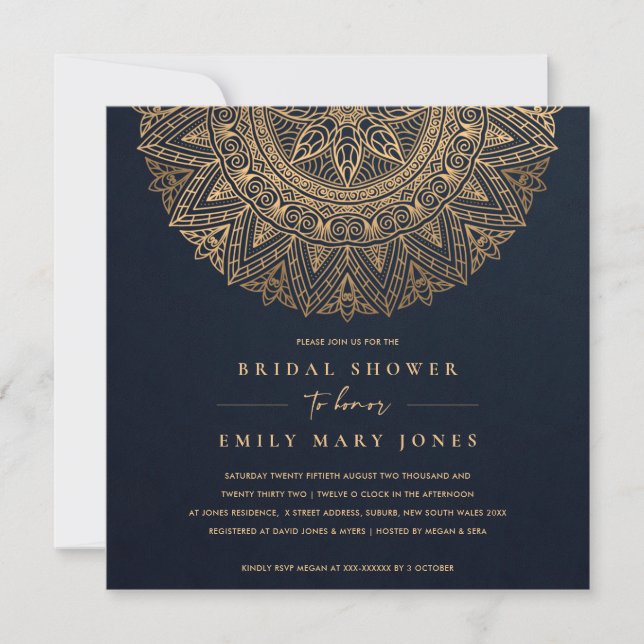 NAVY GOLD CLASSIC VERZIERT MANDALA BRAUTPARTY EINLADUNG (Vorderseite)