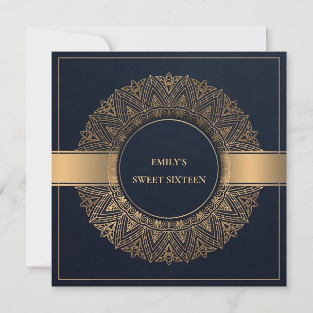 NAVY GOLD CLASSIC VERZIERT MANDALA SWEET 16 GEBURT EINLADUNG (Rückseite)