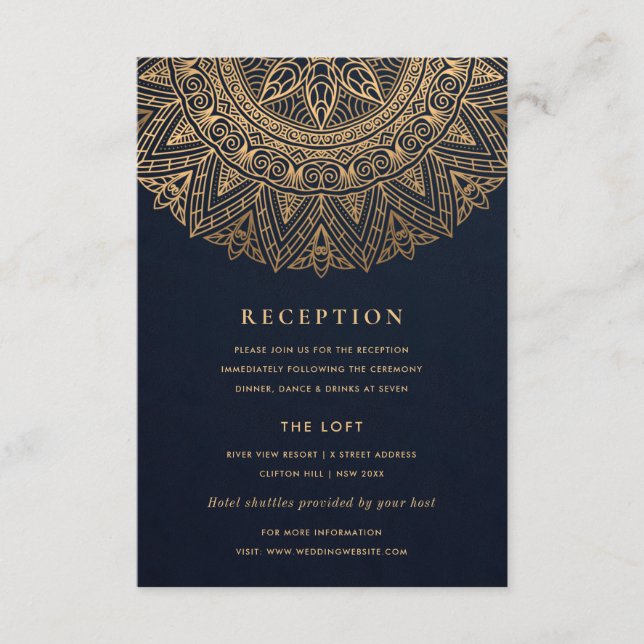 NAVY GOLD CLASSY VERZIERT MANDALA WEDDING REZEPTIO BEGLEITKARTE (Vorderseite)