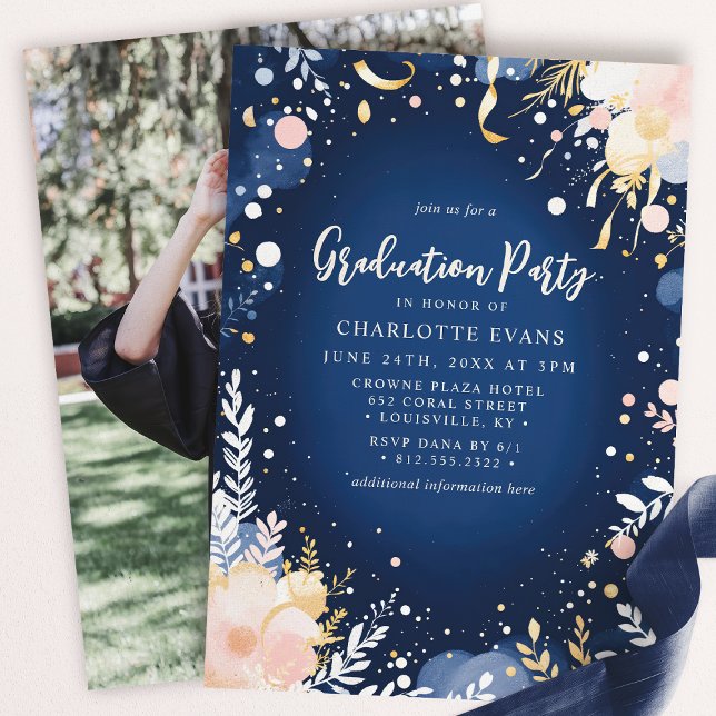 Navy Gold Confetti Floral Graduation Party Einladung (Von Creator hochgeladen)