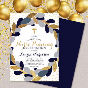 Navy Gold Confetti Nurse Pinning Graduation Party Einladung