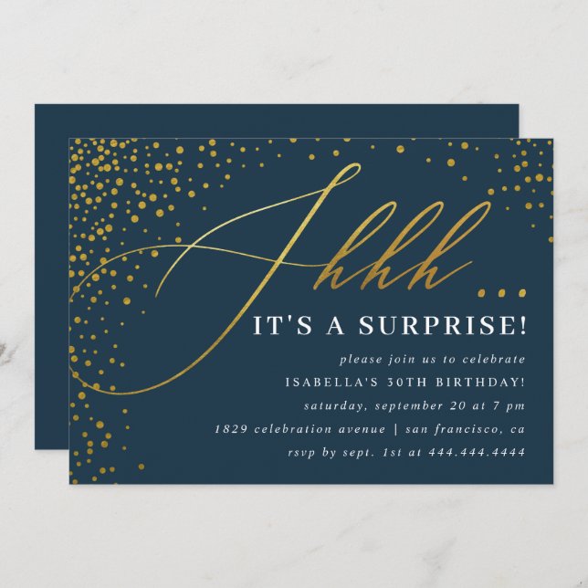 Navy & Gold Confetti-Script-Überraschung Party Einladung (Vorne/Hinten)