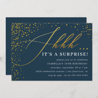 Navy & Gold Confetti-Script-Überraschung Party Einladung