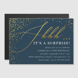Navy & Gold Confetti-Script-Überraschung Party Magneteinladung