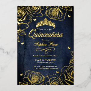 Navy Gold Crown Rosen Thema Quinceanera  Folieneinladung