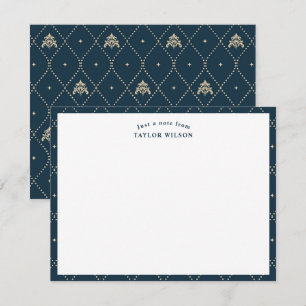 Navy & Gold Damast-Gitter Personalisiert Mitteilungskarte