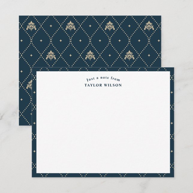 Navy & Gold Damast-Gitter Personalisiert Mitteilungskarte (Vorne/Hinten)