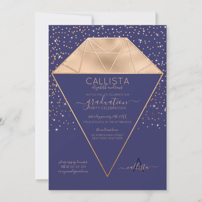 Navy Gold Diamond Confetti Glitzer Abschluss Einladung (Vorderseite)