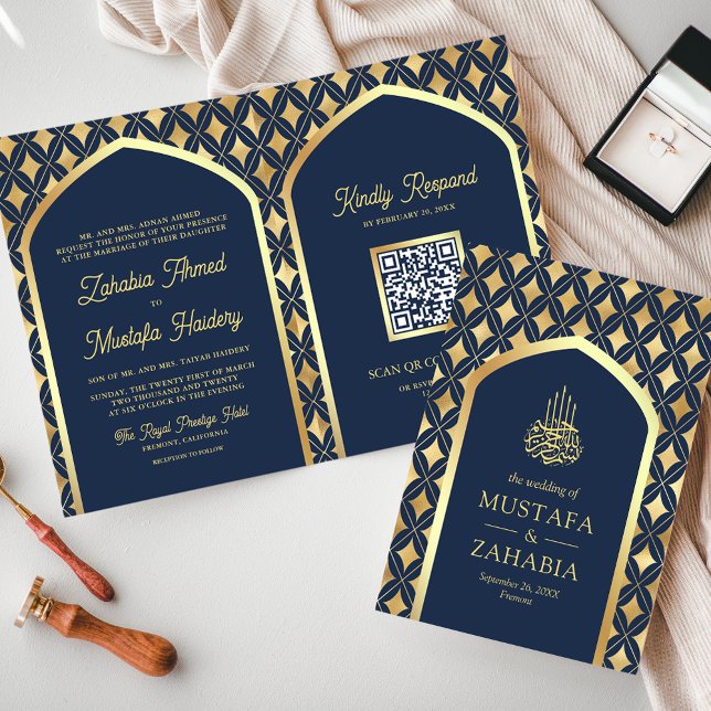 Navy Gold Diamonds Arch QR Code Muslime Hochzeit Einladung (Von Creator hochgeladen)