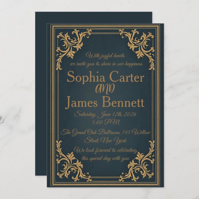Navy Gold Elegant Formal Wedding Invitation (Devant / Derrière)