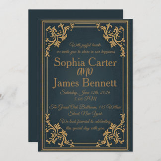 Navy Gold Elegant Formal Wedding Invitation Einladung