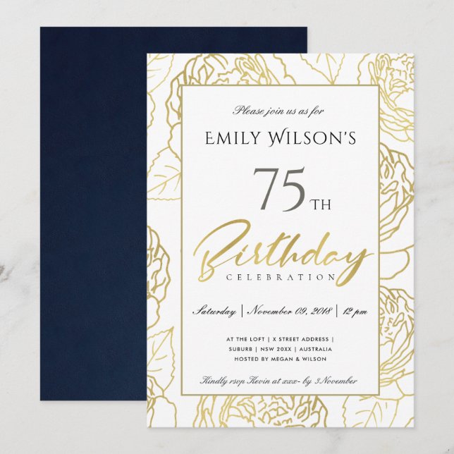 NAVY GOLD ELEGANT ROSE FLORAL JEDER ALTER GEBURTST EINLADUNG (Vorne/Hinten)