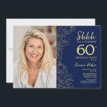 Navy Gold Elegant Überraschung Foto 60. Geburtstag Einladung<br><div class="desc">Blumenmarinade und Gold überraschen 60. Geburtstagsfeier mit Ihrem Foto auf der Vorderseite der Karte. Elegantes modernes Design mit botanischen Kontur Zeichnungen Akzente und Typografie Drehbuch Schriftart. Einfache,  trendige Einladungskarte für eine stilvolle Damenfeier. Kann für jedes Alter angepasst werden. Gedruckte Zazzle-Einladungen oder Sofortdownload digitaler Druckvorlage.</div>