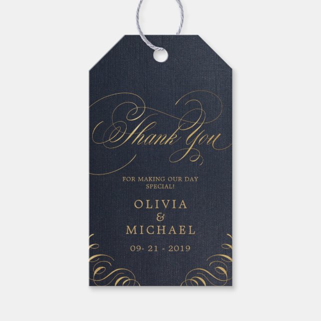 Navy Gold elegante kalligraphische Hochzeit danke Geschenkanhänger (Vorderseite)