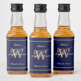 Navy & Gold Elegante Monogram Chic Wedding Mini Alkoholflaschenetikett