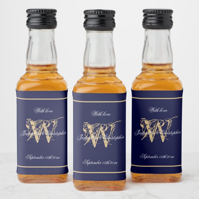 Navy & Gold Elegante Monogram Chic Wedding Mini Alkoholflaschenetikett (Flaschen)
