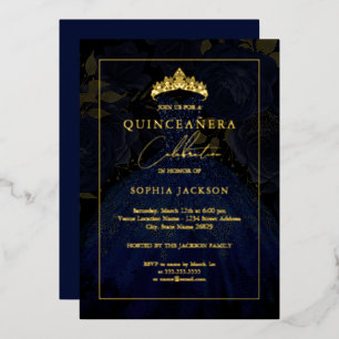 Navy Gold Elegante Rosen Quinceanera Kleid Folieneinladung
