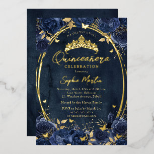 Navy Gold Fesselnde Florale Schmetterlings-Quincea Folieneinladung