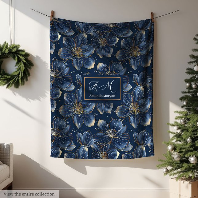 Navy Gold Floral Blanket Chic Personalized Gift Fleecedecke (Navy Gold Floral Blanket Chic Personalized Gift)