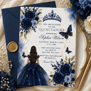 Navy Gold Floral Butterfly Prinzessin Quinceañera Einladung