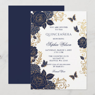 Navy Gold Floral Butterfly Quinceañera Einladung