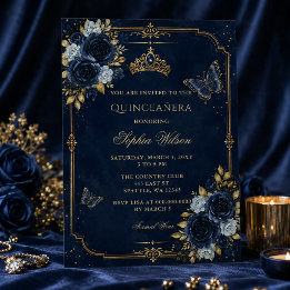 Navy Gold Floral Butterfly Quinceañera Einladung