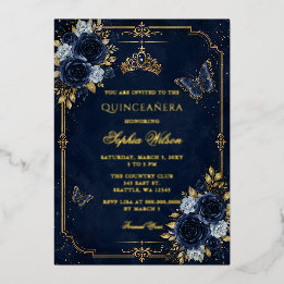 Navy Gold Floral Butterfly Quinceañera Folieneinladung