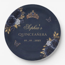 Navy Gold Floral Butterfly Quinceañera Pappteller