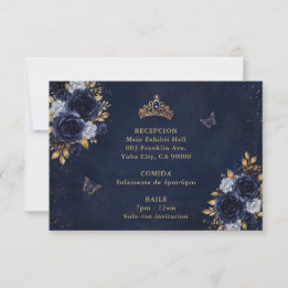 Navy Gold Floral Butterfly Quinceañera RSVP Karte