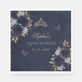 Navy Gold Floral Butterfly Quinceañera Serviette