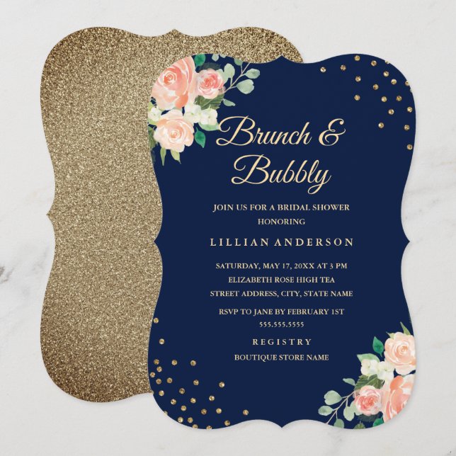 Navy Gold Floral Confetti Brunch und Bubbly Einladung (Vorne/Hinten)