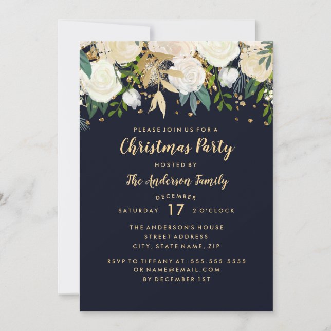 Navy Gold Floral Glitzer Weihnachtskarte Party Einladung (Vorderseite)