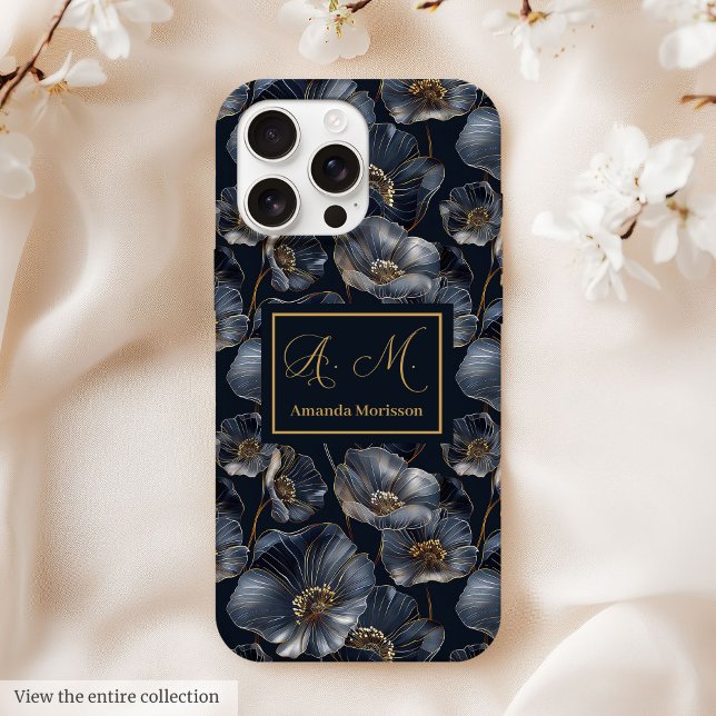 Navy Gold Floral iPhone Case Chic Quinceañera Gift (Navy Gold Floral iPhone Case Chic Quinceañera Gift)