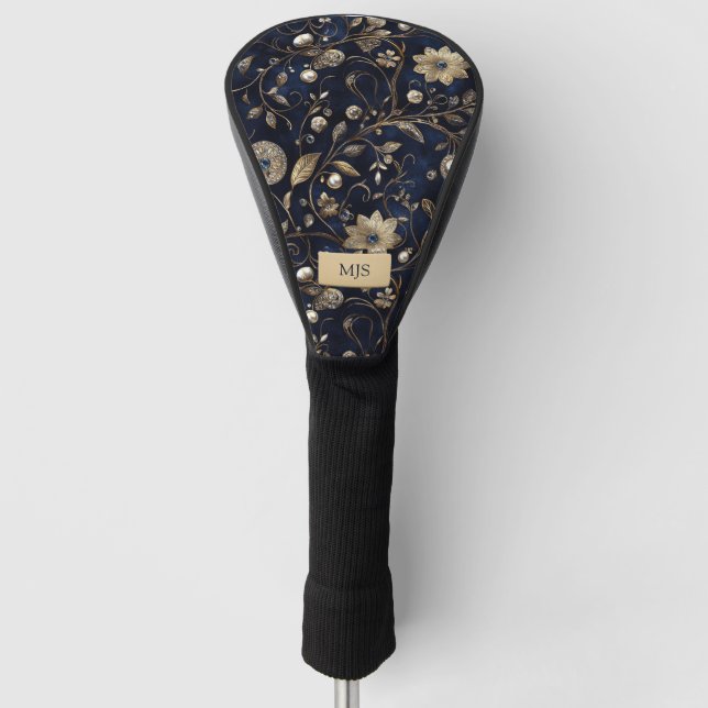 Navy Gold Floral Monogram Golfkopfabdeckung Golf Headcover (Vorderseite)