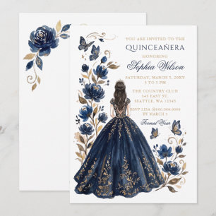 Navy Gold Floral Prinzessin Schmetterling Quinceañ Einladung