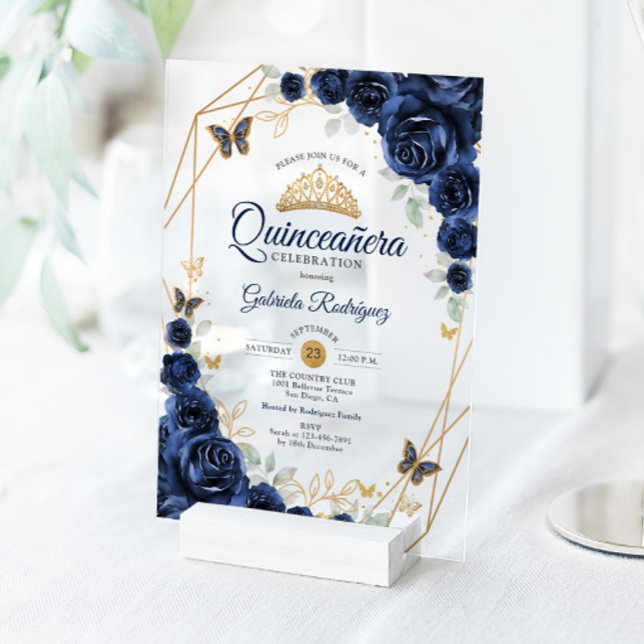 Navy Gold Floral Quinceanera Acryleinladungen (Von Creator hochgeladen)