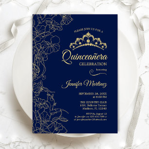 Navy Gold Floral Quinceanera Party Einladung