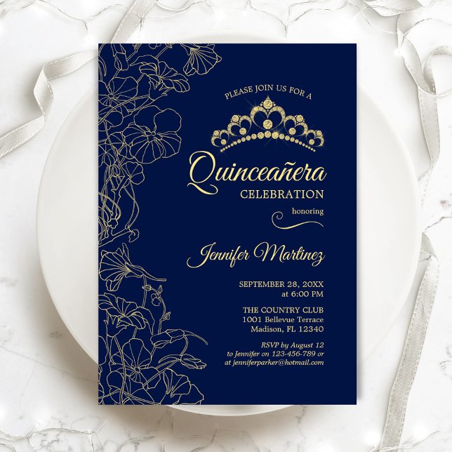 Navy Gold Floral Quinceanera Party Einladung (Von Creator hochgeladen)