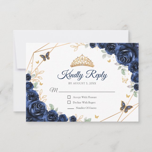 Navy Gold Floral Quinceanera Reply RSVP Karte (Vorderseite)