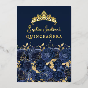 Navy Gold Floral Rosen Quinceanera Folieneinladung